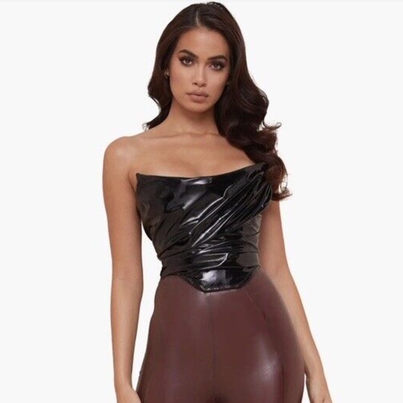 House Of Cb Marla Faux Patent Leather Corset Top Extra Small Black NWT - Picture 6 of 6